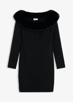 bonprix bonprix Vestidos|Ropa De Punto>Vestido de punto con ribete de pelo sintético Negro
