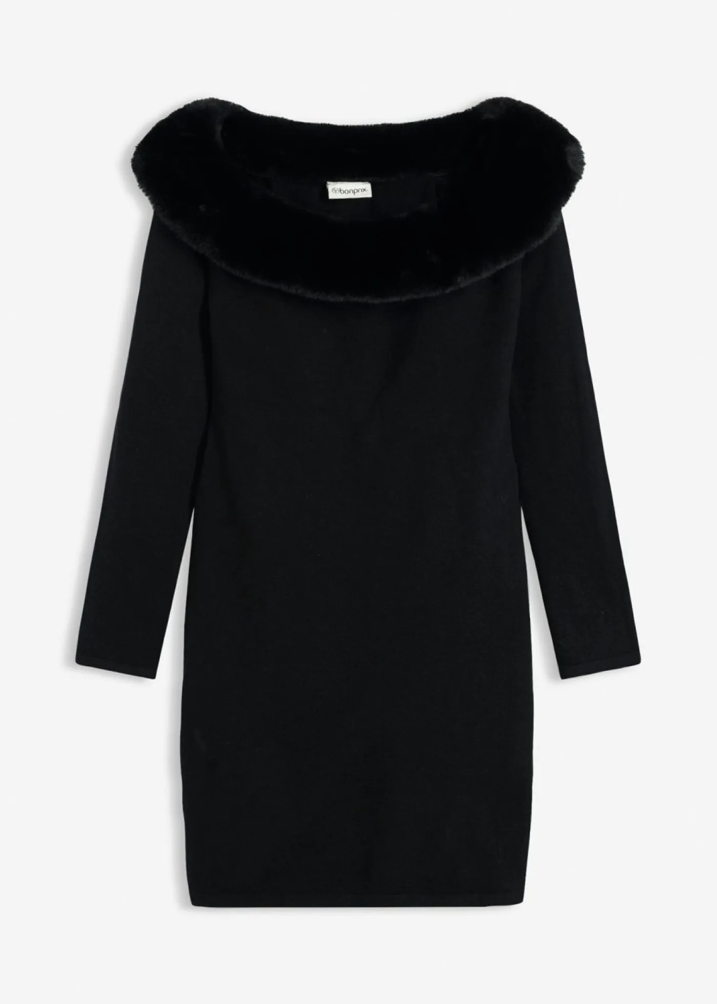 bonprix bonprix Vestidos|Ropa De Punto>Vestido de punto con ribete de pelo sintético Negro