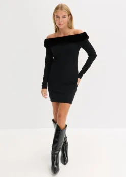 bonprix bonprix Vestidos|Ropa De Punto>Vestido de punto con ribete de pelo sintético Negro