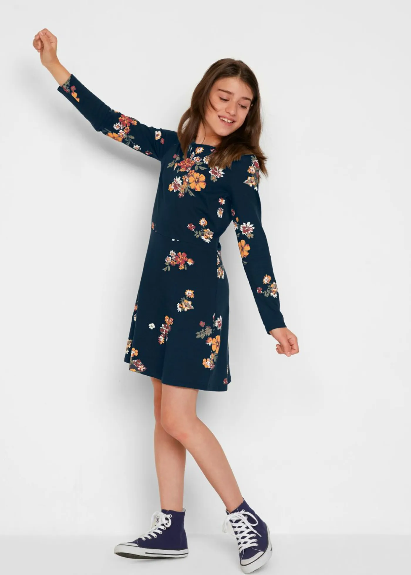 bonprix bonprix Ropa 9 A 16 Años·Vestidos Y Monos>Vestido de punto de algodón orgánico puro azul marino con flores