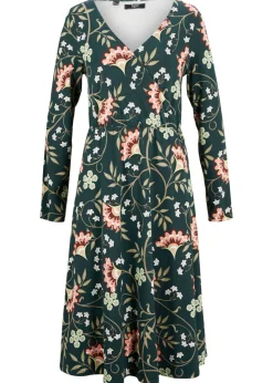 bonprix bonprix Vestidos>Vestido de punto de algodón con diseño cruzado Verde intenso de flores