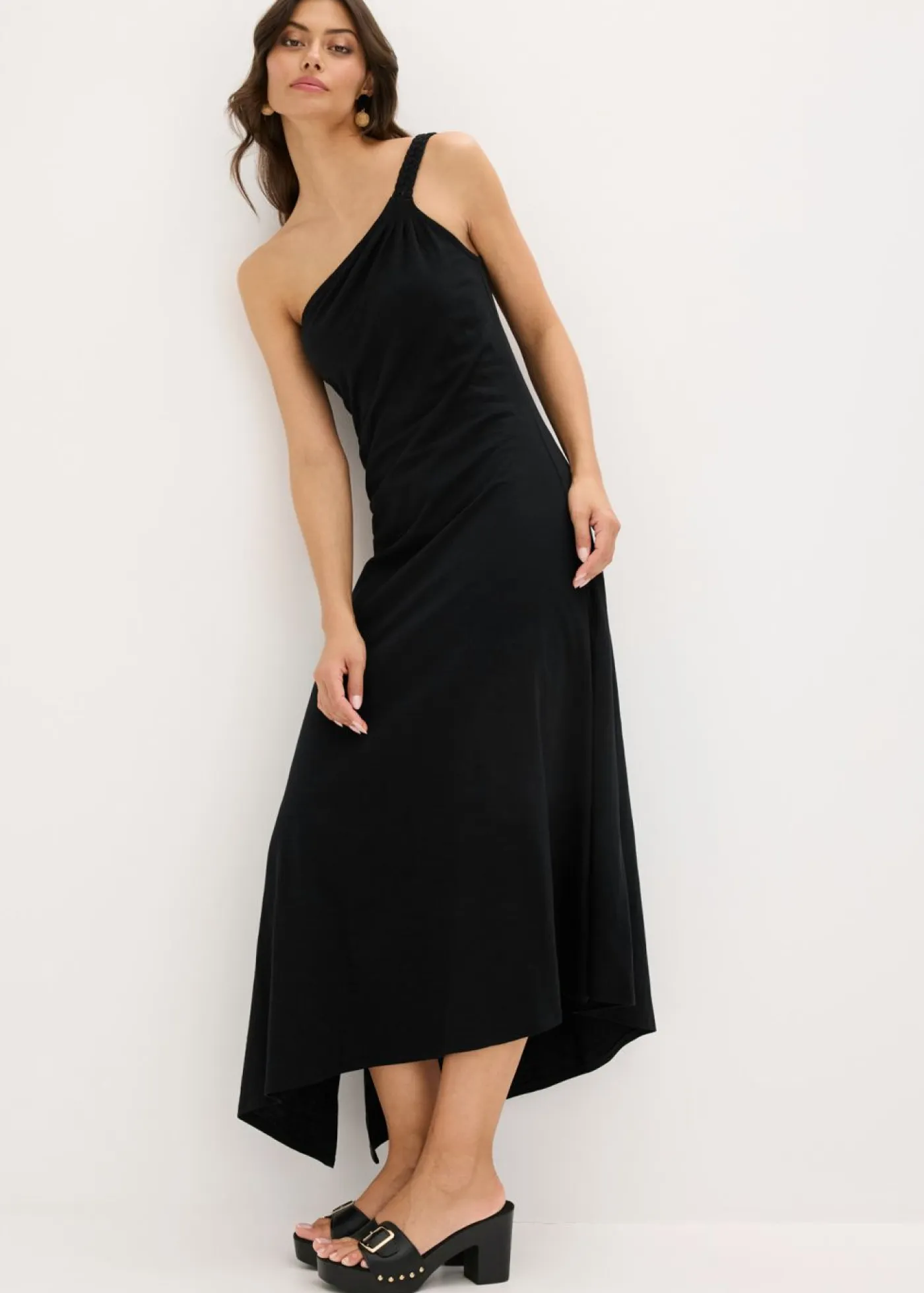 Mujer bonprix bonprix Vestido de punto de algodón con dobladillo asimétrico y detalle de nudo en el hombro