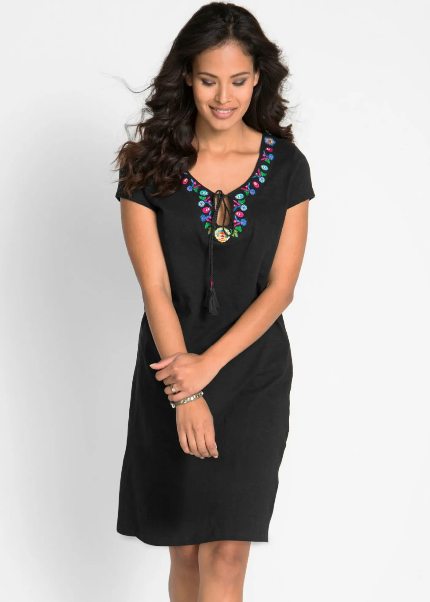 bonprix bonprix Vestidos>Vestido de punto de hilo flameado de algodón puro Negro con flores