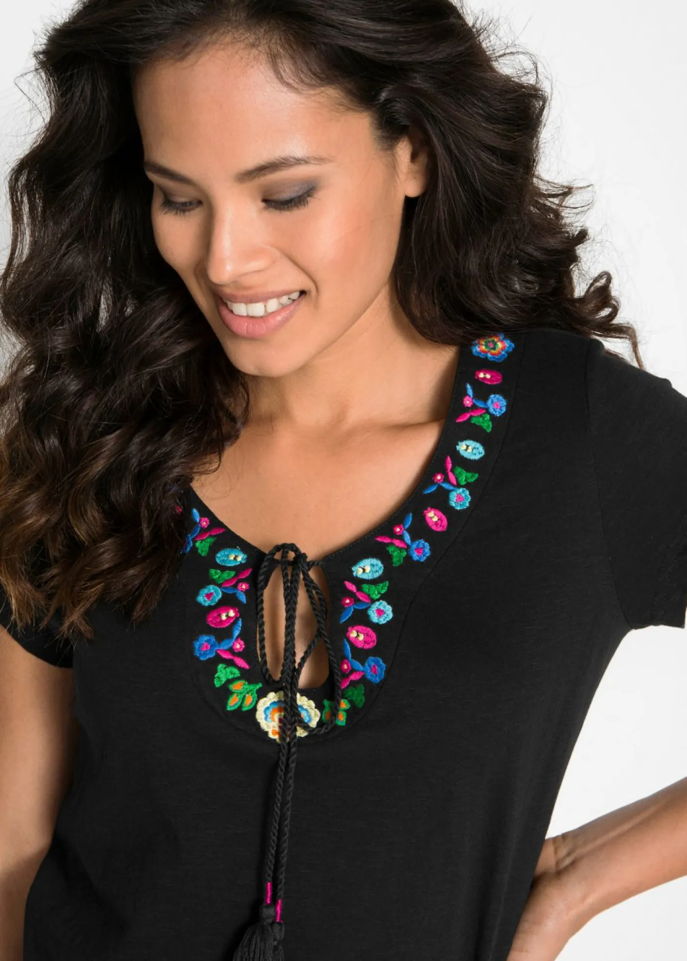 bonprix bonprix Vestidos>Vestido de punto de hilo flameado de algodón puro Negro con flores