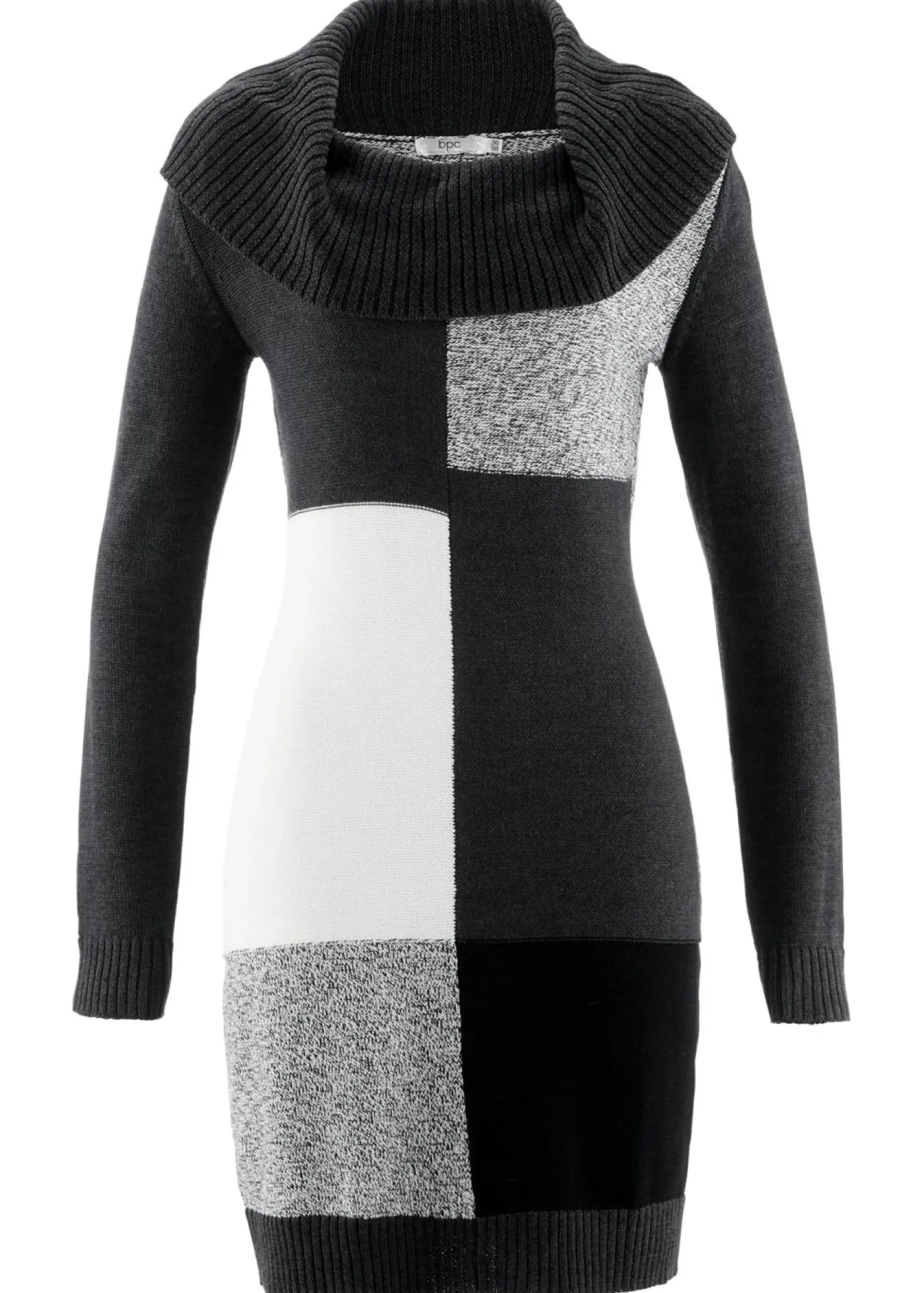 bonprix bonprix Vestidos|Ropa De Punto>Vestido de punto de manga larga hasta la rodilla antracita jaspeado gris claro jaspeado blanco lana negro