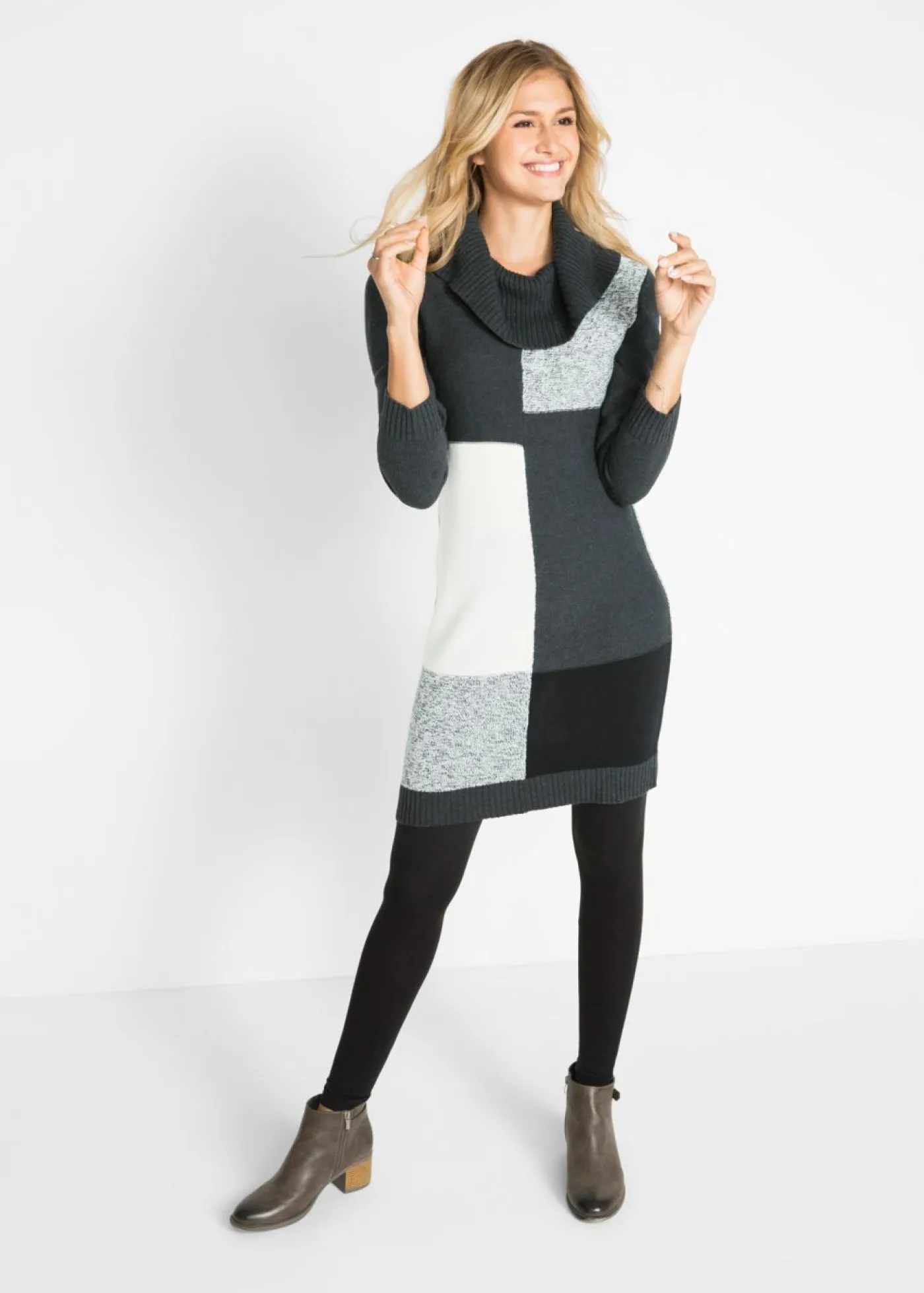 bonprix bonprix Vestidos|Ropa De Punto>Vestido de punto de manga larga hasta la rodilla antracita jaspeado gris claro jaspeado blanco lana negro