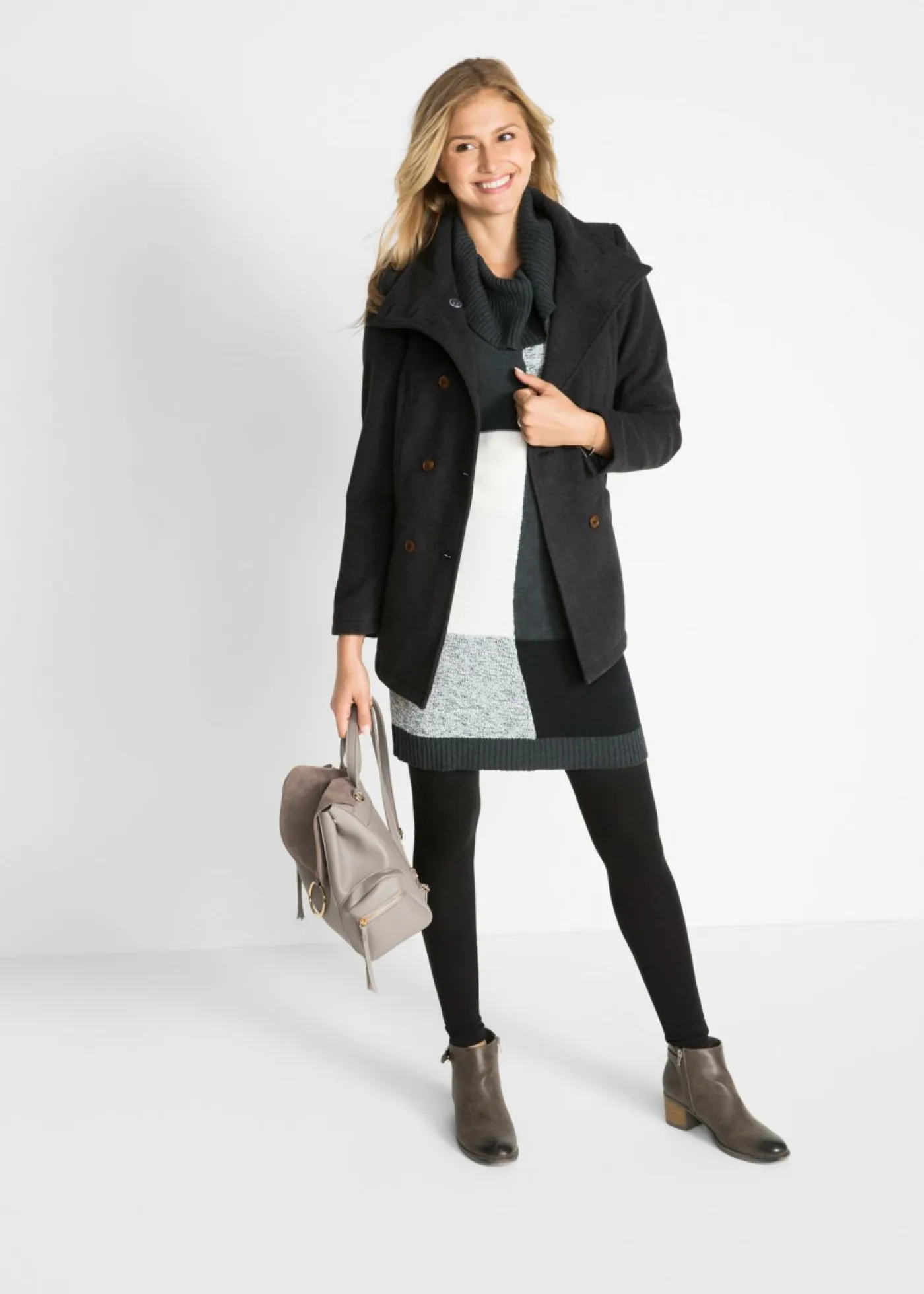 bonprix bonprix Vestidos|Ropa De Punto>Vestido de punto de manga larga hasta la rodilla antracita jaspeado gris claro jaspeado blanco lana negro