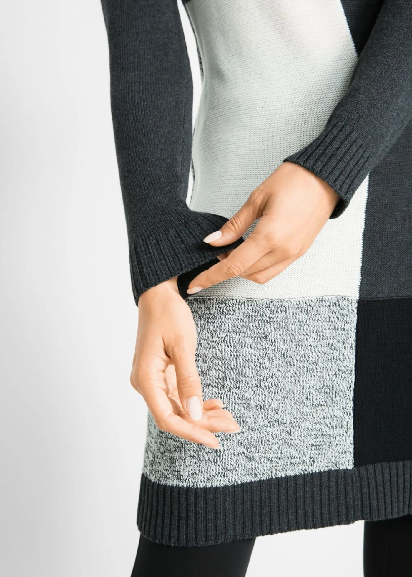 bonprix bonprix Vestidos|Ropa De Punto>Vestido de punto de manga larga hasta la rodilla antracita jaspeado gris claro jaspeado blanco lana negro