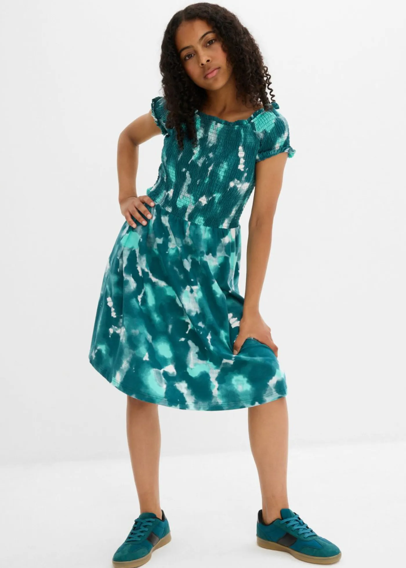 bonprix bonprix Ropa 9 A 16 Años·Vestidos Y Monos>Vestido de punto de mezcla de algodón orgánico elástico blanco lana-verde agua-verde pimiento estampado