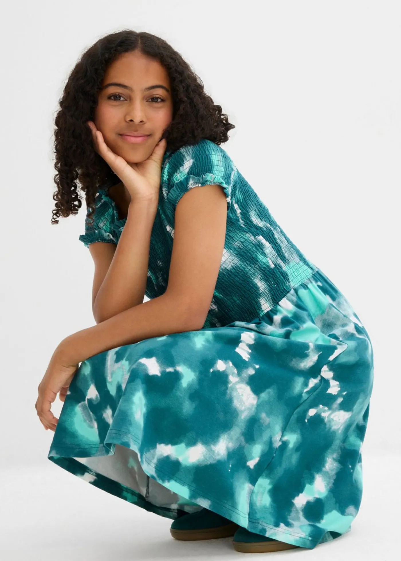 bonprix bonprix Ropa 9 A 16 Años·Vestidos Y Monos>Vestido de punto de mezcla de algodón orgánico elástico blanco lana-verde agua-verde pimiento estampado