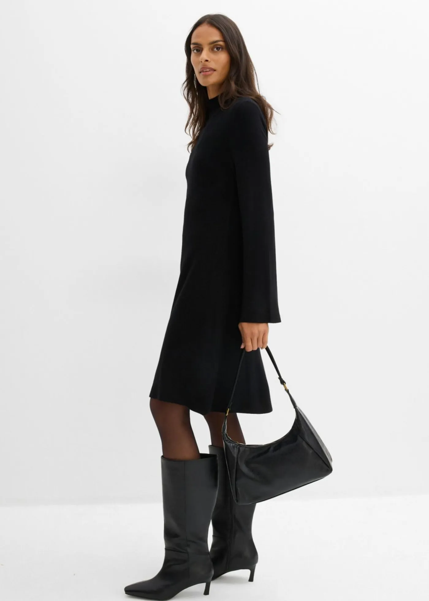 bonprix bonprix Esenciales|Vestidos>Vestido de punto de mezcla de viscosa con línea en A Negro