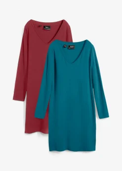 bonprix bonprix Básicos|Vestidos>Vestido de punto de viscosa (2 unidades) Rojo rubí/petróleo azul