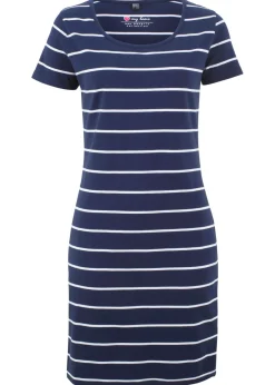 bonprix bonprix Básicos|Vestidos>Vestido de punto elástico de manga corta azul marino-blanco con rayas