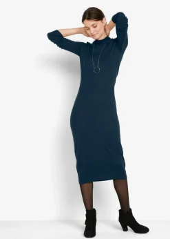 bonprix bonprix Básicos|Vestidos>Vestido de punto fino con cuello alto Azul oscuro