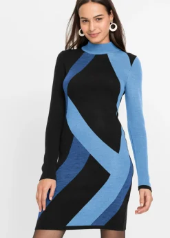 bonprix bonprix Vestidos|Ropa De Punto>Vestido de punto jacquard con rayas modernas Azul claro/azul marino con estampado gráfico