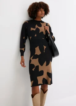 bonprix bonprix Vestidos|Ropa De Punto>Vestido de punto, midi Beige-negro