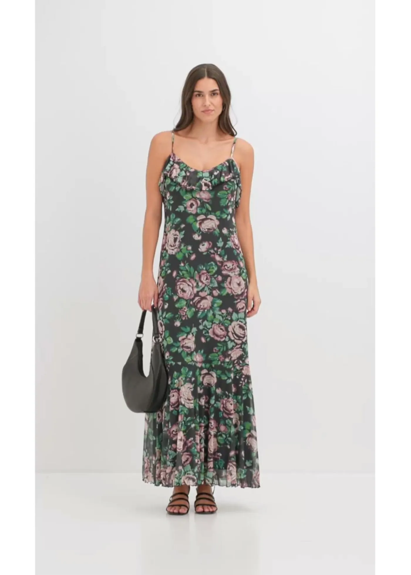 bonprix bonprix Novedades>Vestido de tirantes de malla suave Negro con flores