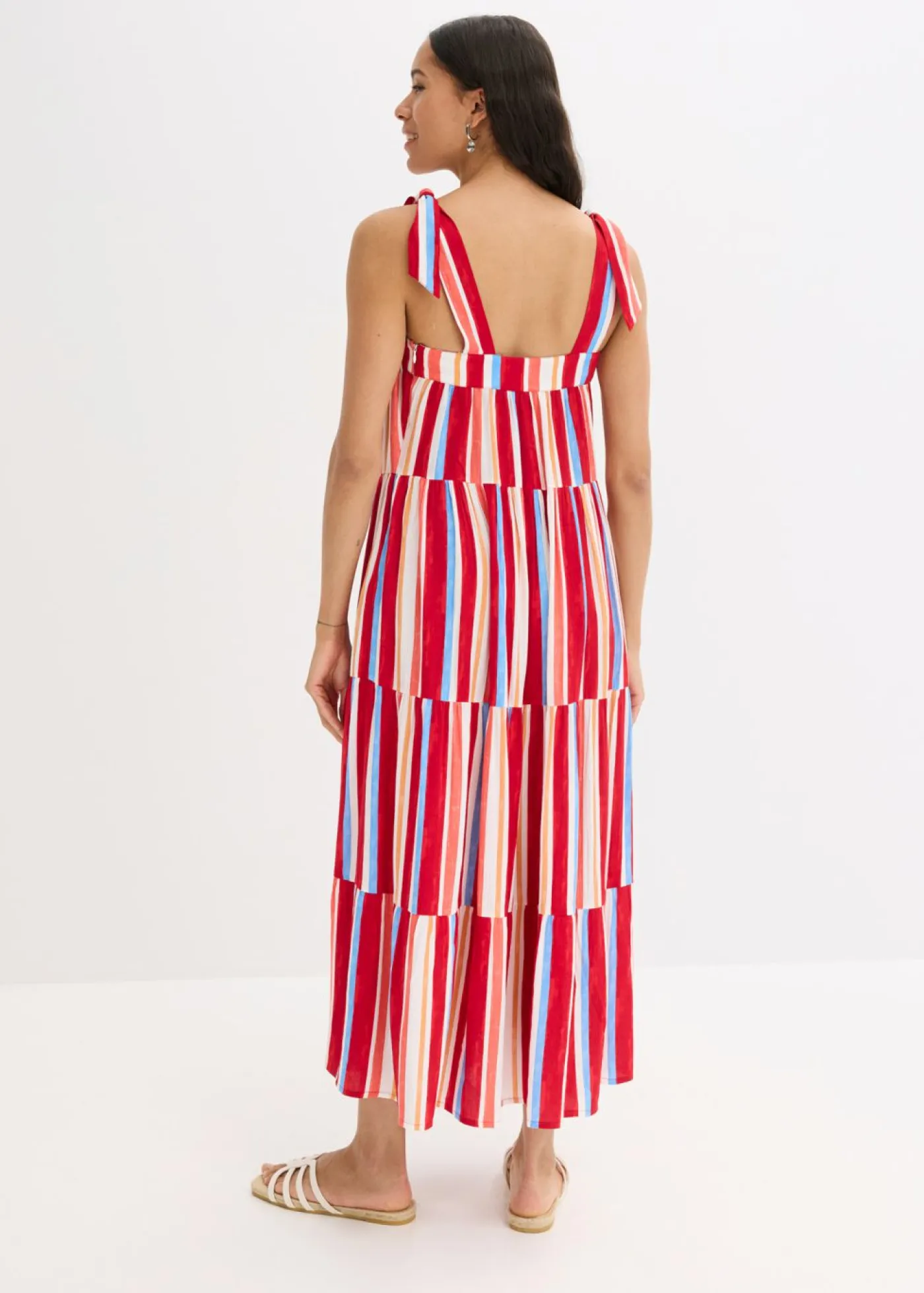 bonprix bonprix Vestidos>Vestido de tirantes de viscosa estructurada de rayas rojo amapola-salmón claro-blanco con rayas