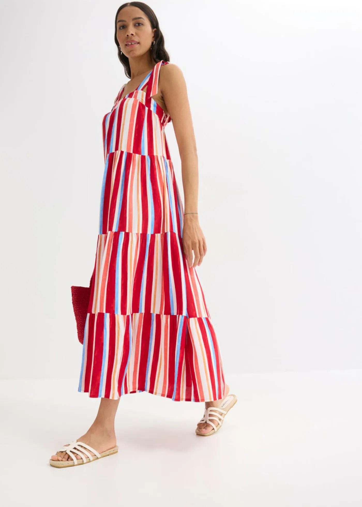 bonprix bonprix Vestidos>Vestido de tirantes de viscosa estructurada de rayas rojo amapola-salmón claro-blanco con rayas