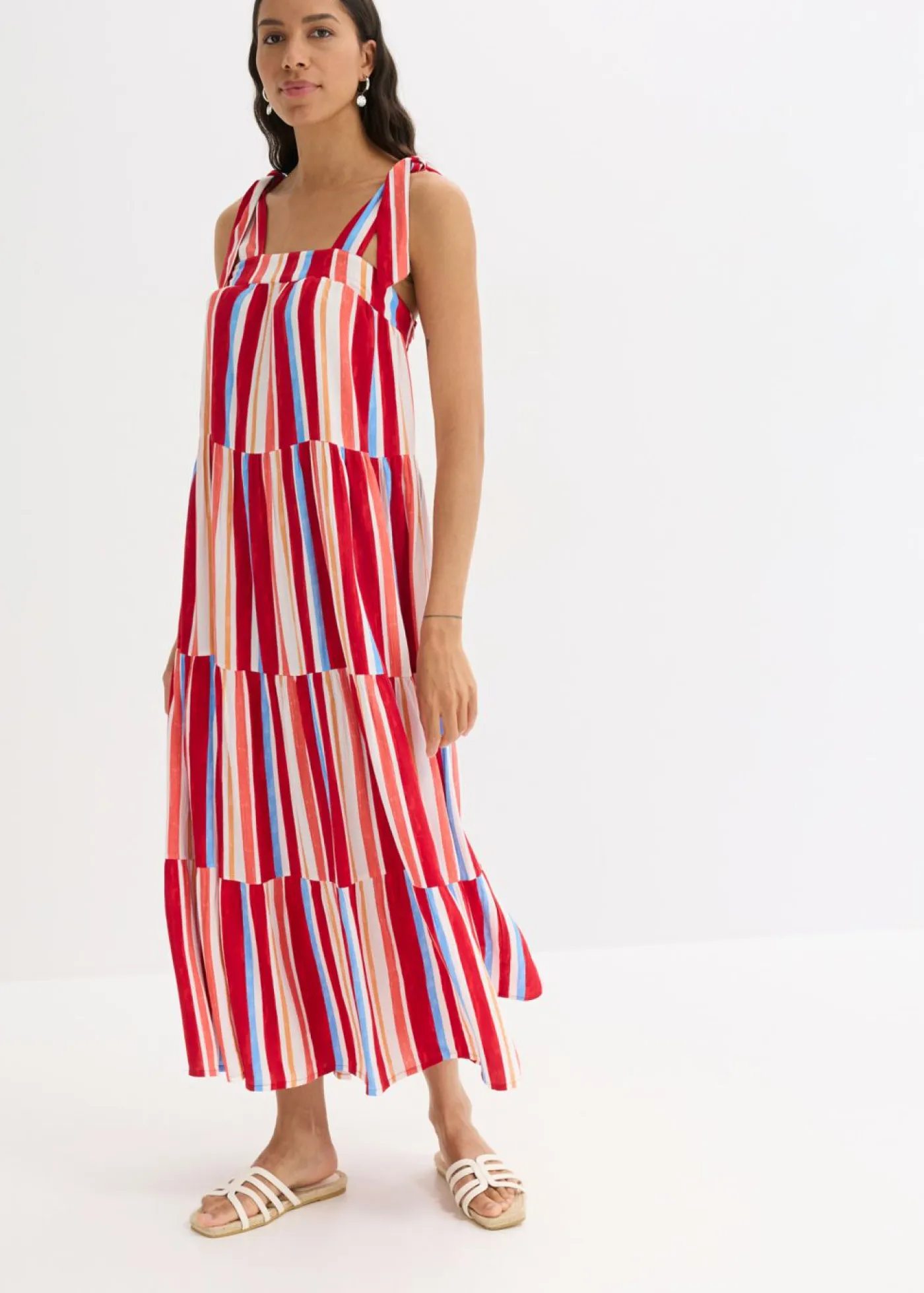 bonprix bonprix Vestidos>Vestido de tirantes de viscosa estructurada de rayas rojo amapola-salmón claro-blanco con rayas