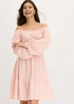 bonprix bonprix Vestidos>Vestido estampado con escote bañera Rosa pálido-blanco