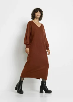 bonprix bonprix Vestidos|Ropa De Punto>Vestido holgado de punto con largo midi Marrón caoba jaspeado