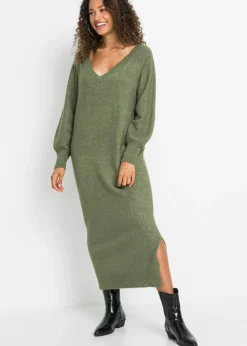 bonprix bonprix Vestidos|Ropa De Punto>Vestido holgado de punto con largo midi Verde oliva oscuro jaspeado