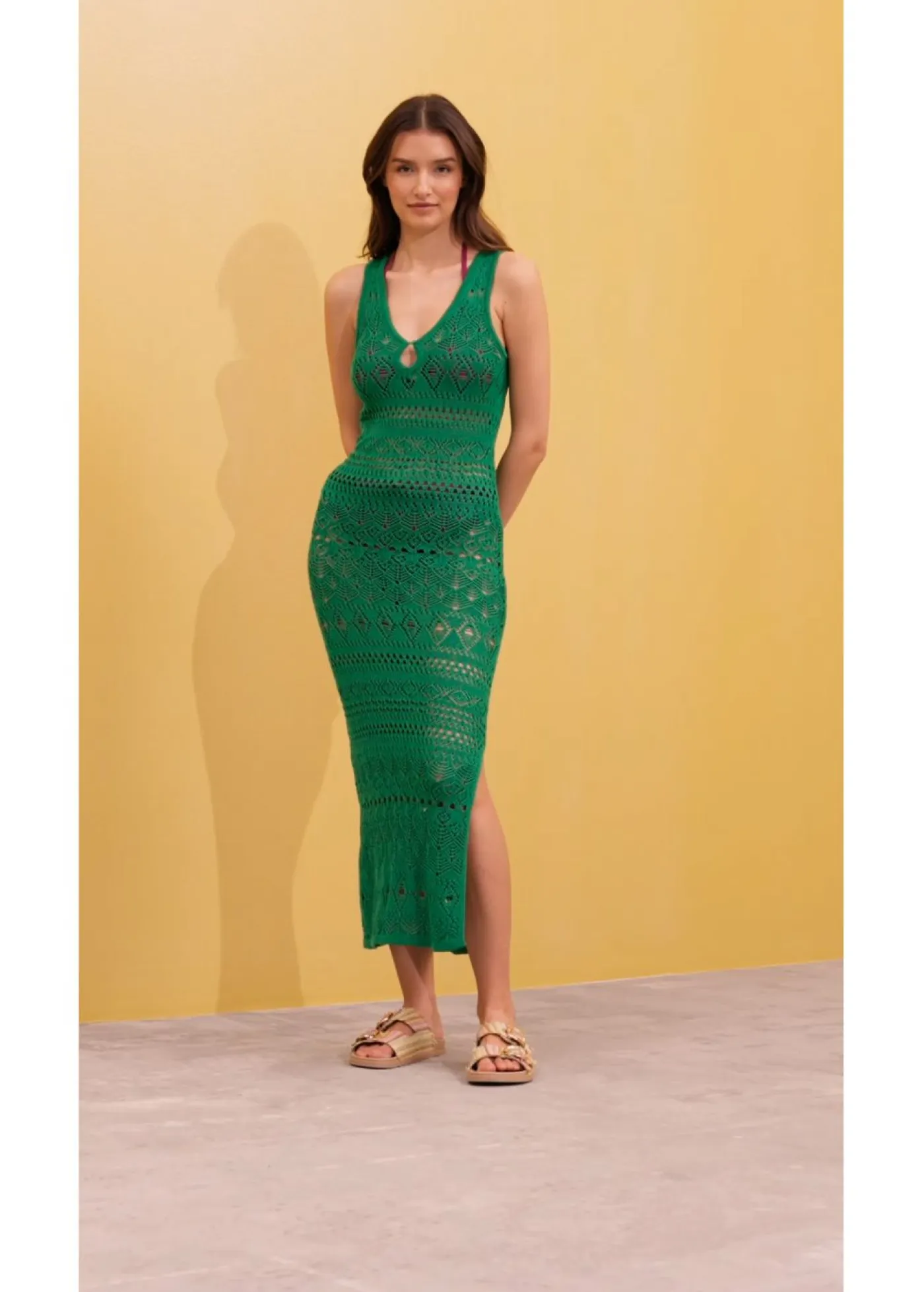 bonprix bonprix Vestidos>Vestido largo con aspecto de ganchillo verde gema