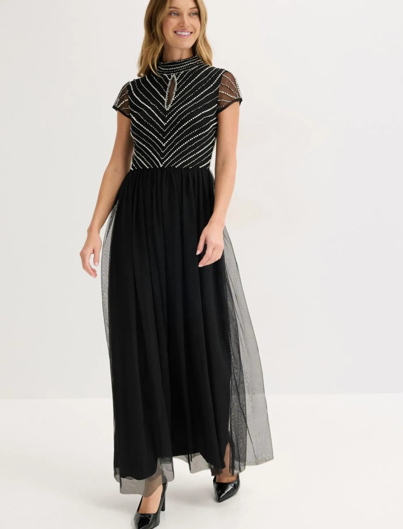 bonprix bonprix Vestidos|Ropa Elegante>Vestido largo con bordado de perlas Negro-plata