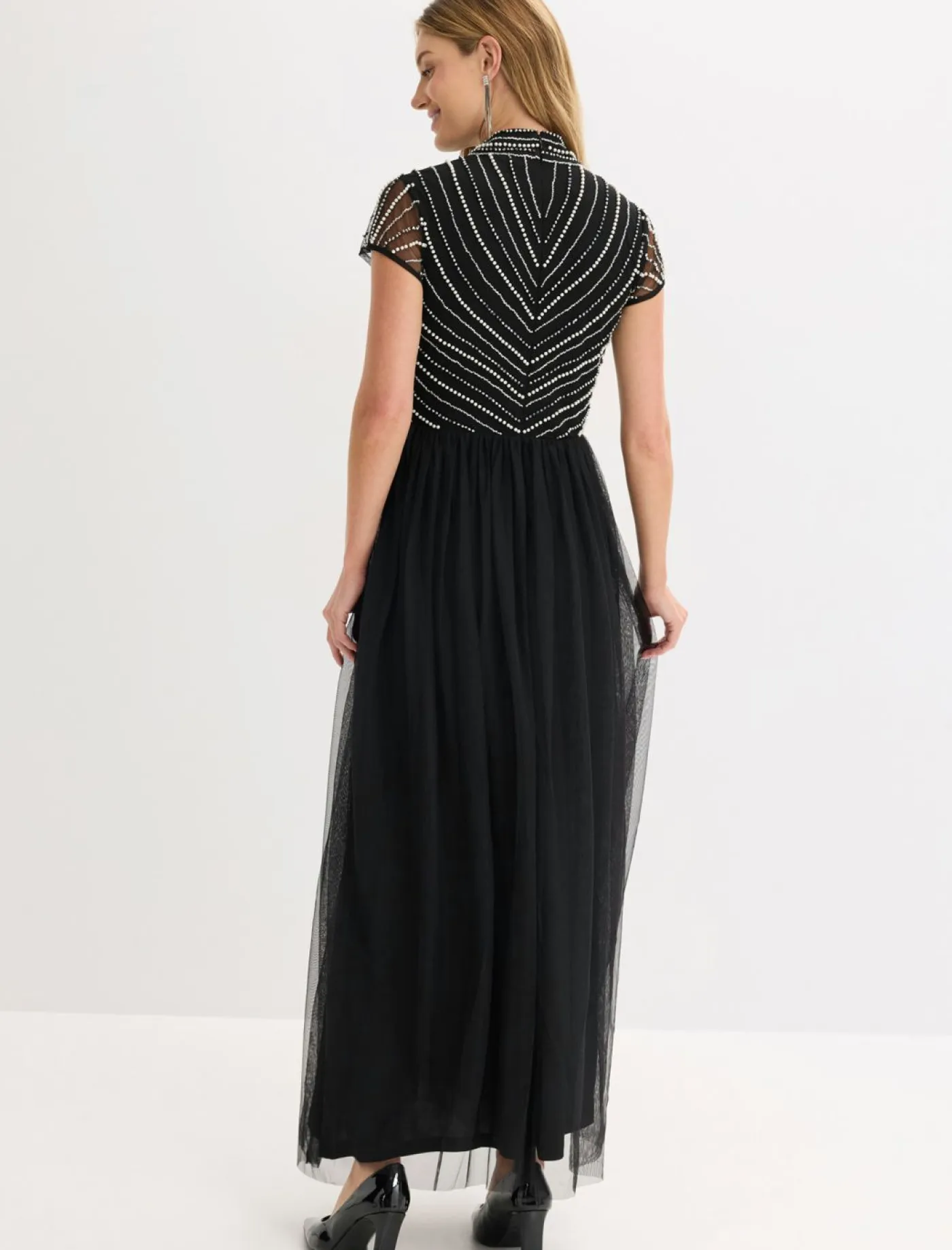 bonprix bonprix Vestidos|Ropa Elegante>Vestido largo con bordado de perlas Negro-plata