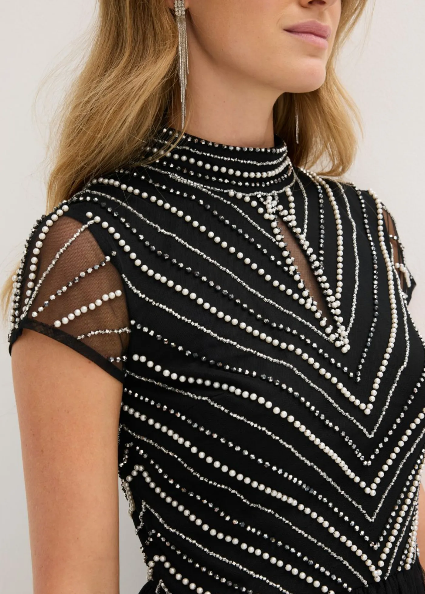 bonprix bonprix Vestidos|Ropa Elegante>Vestido largo con bordado de perlas Negro-plata