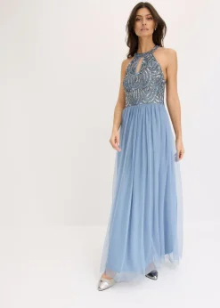 bonprix bonprix Vestidos|Ropa Elegante>Vestido largo con bordado de lentejuelas Azul claro-plateado