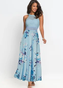 bonprix bonprix Vestidos>Vestido largo con estampado floral y encaje azul pálido/rosa pálido con flores