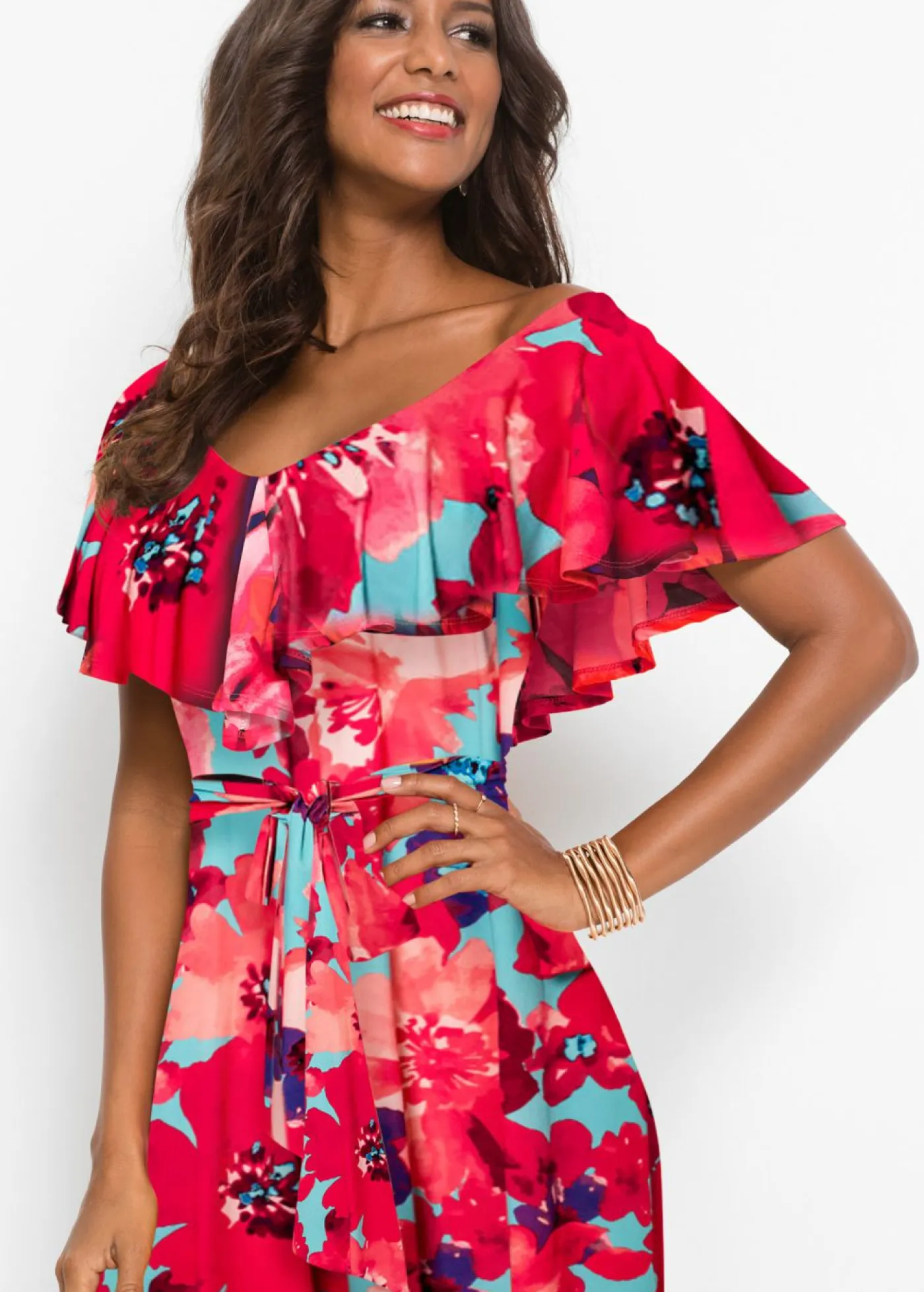 Mujer bonprix bonprix Vestido largo con volante y cinturón