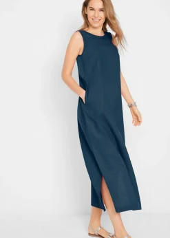 Mujer bonprix bonprix Vestido largo de lino con motivo perforado en el escote y abertura lateral