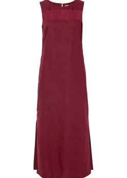 Mujer bonprix bonprix Vestido largo de lino con motivo perforado en el escote y abertura lateral