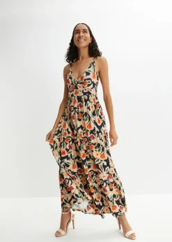 bonprix bonprix Vestidos>Vestido largo de mezcla de viscosa suave Negro-beige de flores