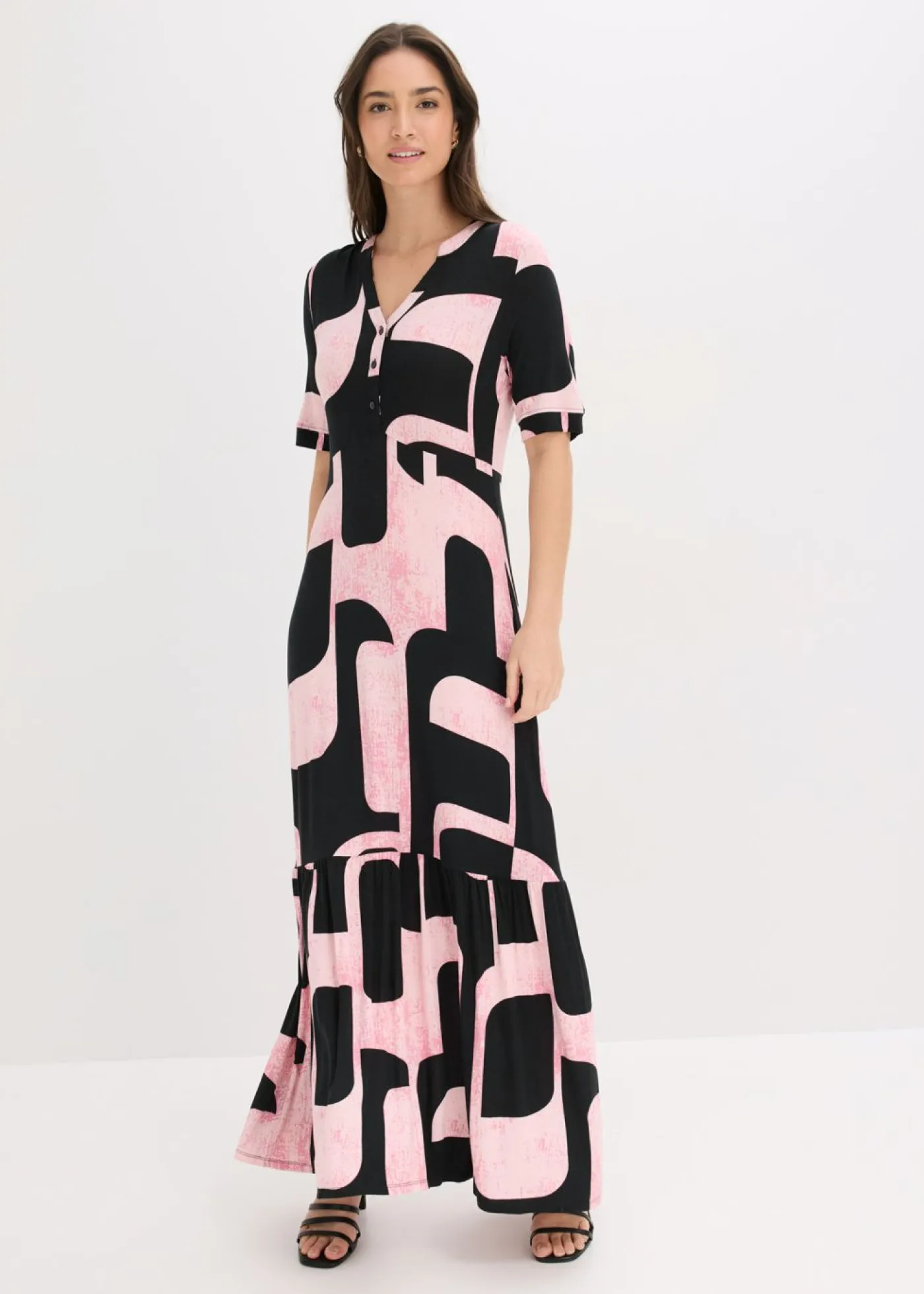 bonprix bonprix Vestidos|Novedades>Vestido largo de mezcla de viscosa suave negro-rosa caliente