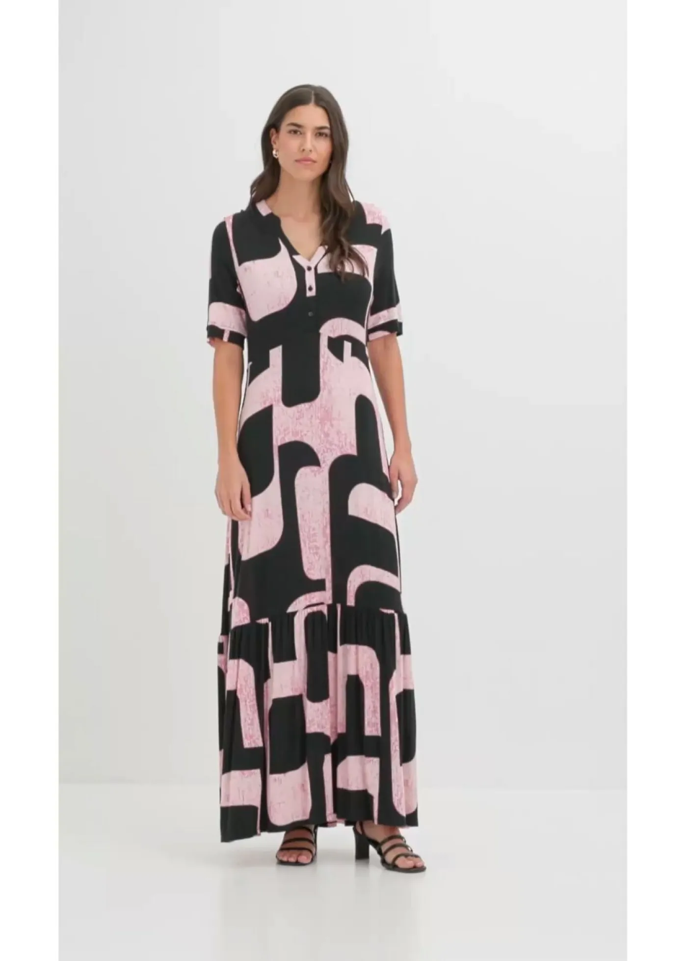 bonprix bonprix Vestidos|Novedades>Vestido largo de mezcla de viscosa suave negro-rosa caliente