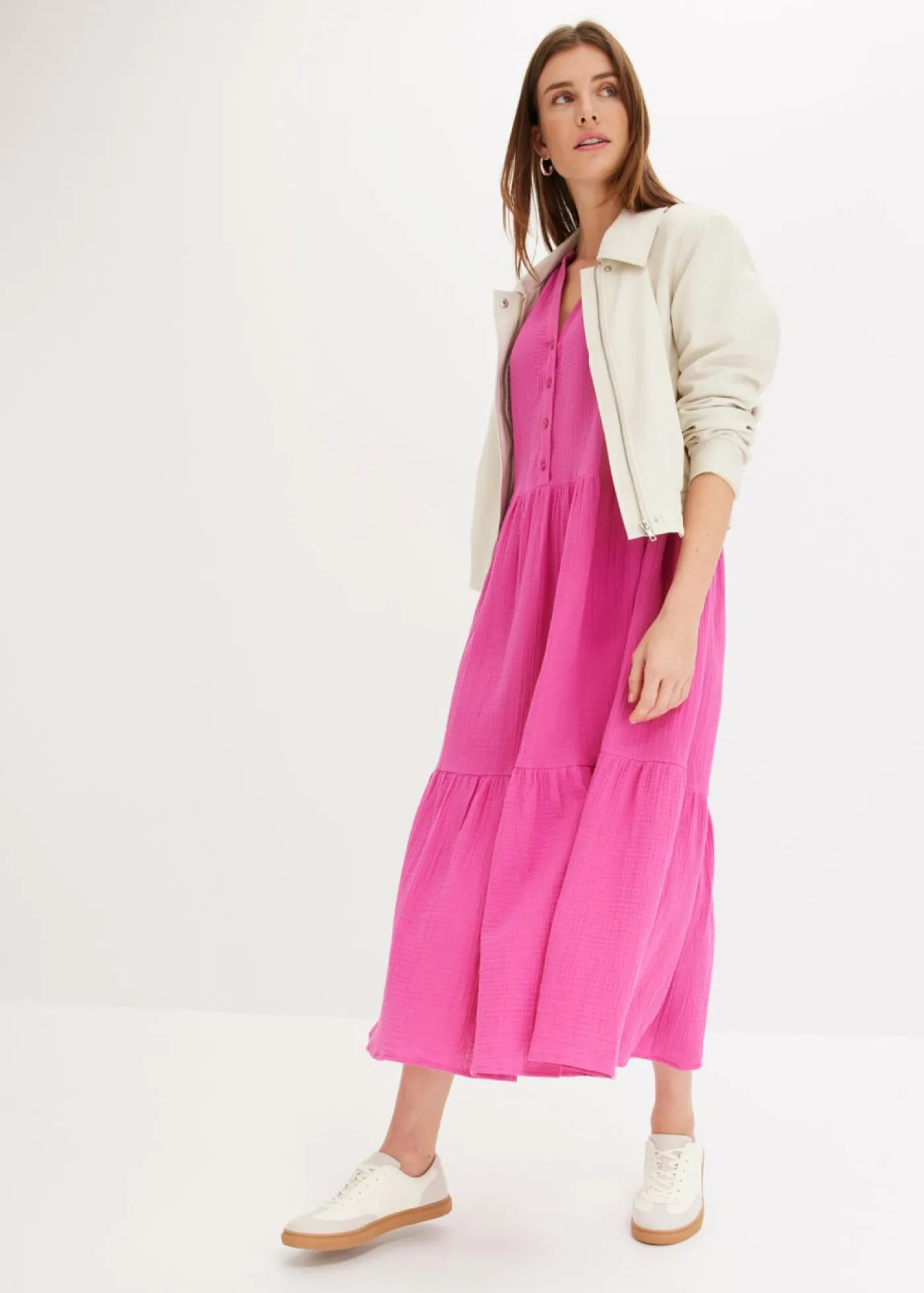 bonprix bonprix Vestidos|Tallas Pequeñas>Vestido largo de muselina suave fucsia