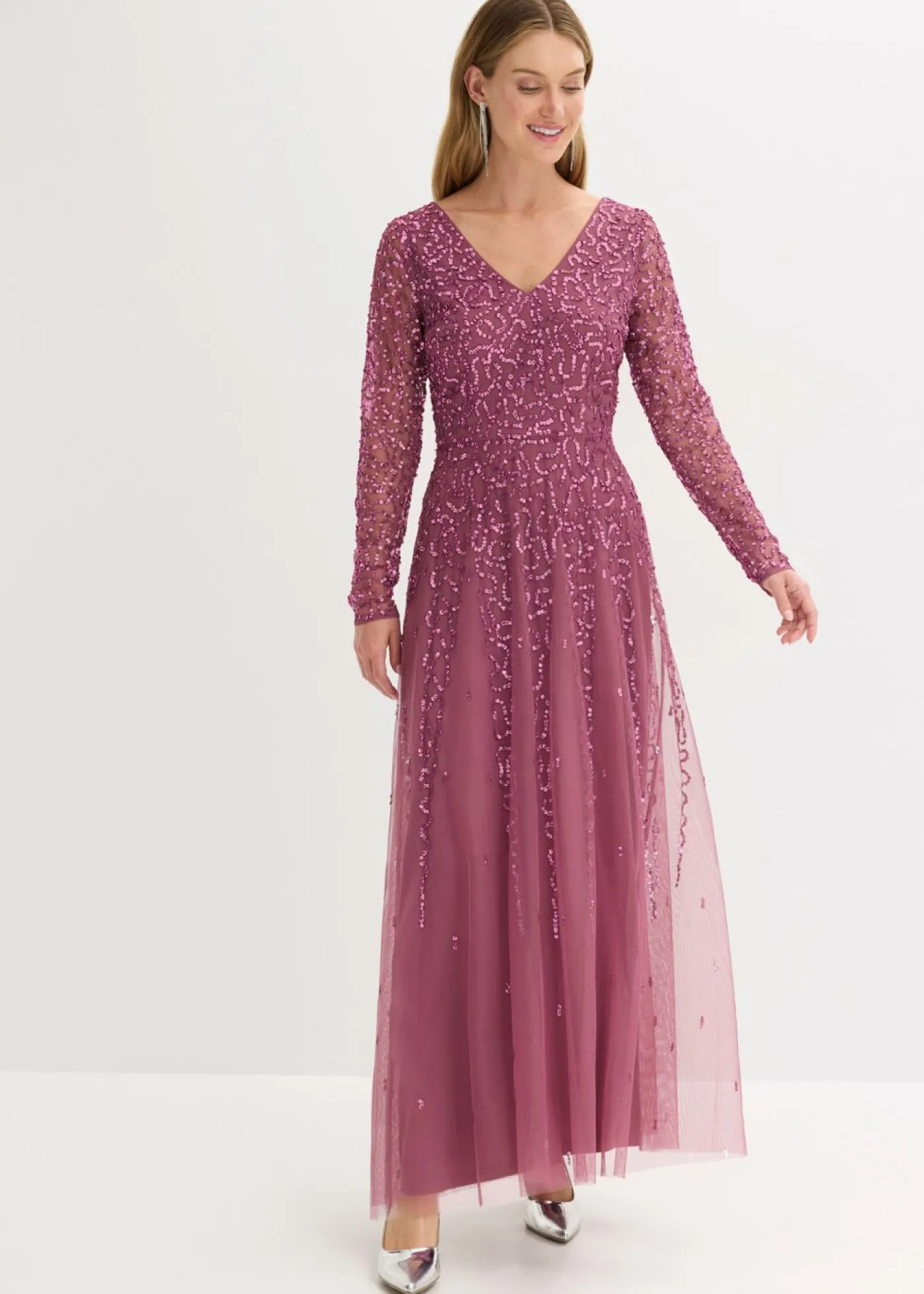 bonprix bonprix Vestidos|Ropa Elegante>Vestido largo de noche con lentejuelas Rosa oscuro