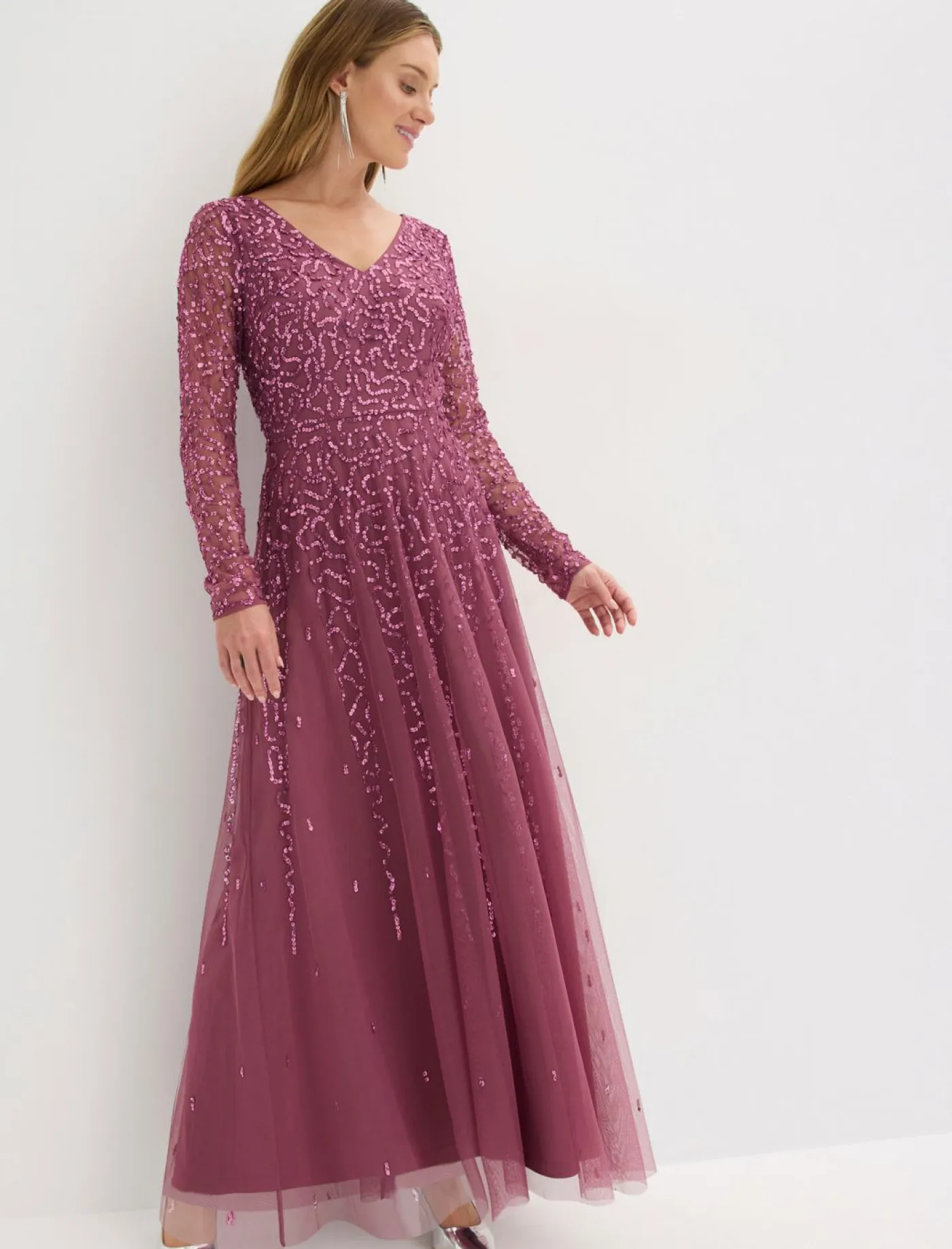 bonprix bonprix Vestidos|Ropa Elegante>Vestido largo de noche con lentejuelas Rosa oscuro