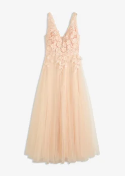 Mujer bonprix bonprix Vestido largo de tul delicado con aplicación de flores