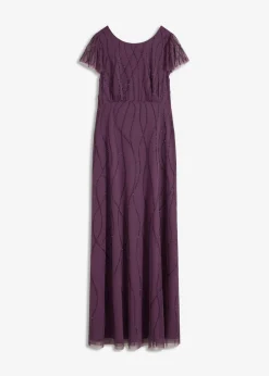 bonprix bonprix Tallas Pequeñas>Vestido largo de tul delicado con bordado de perlas Lila oscuro