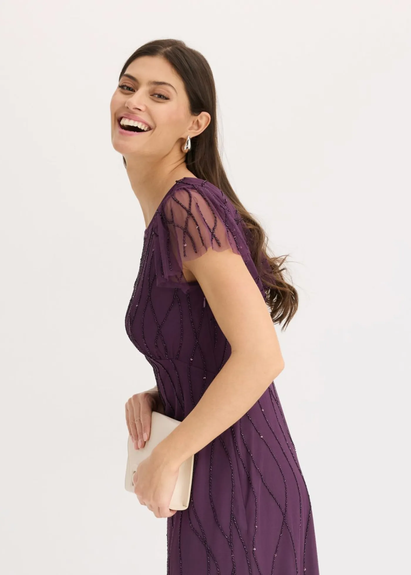 bonprix bonprix Tallas Pequeñas>Vestido largo de tul delicado con bordado de perlas Lila oscuro