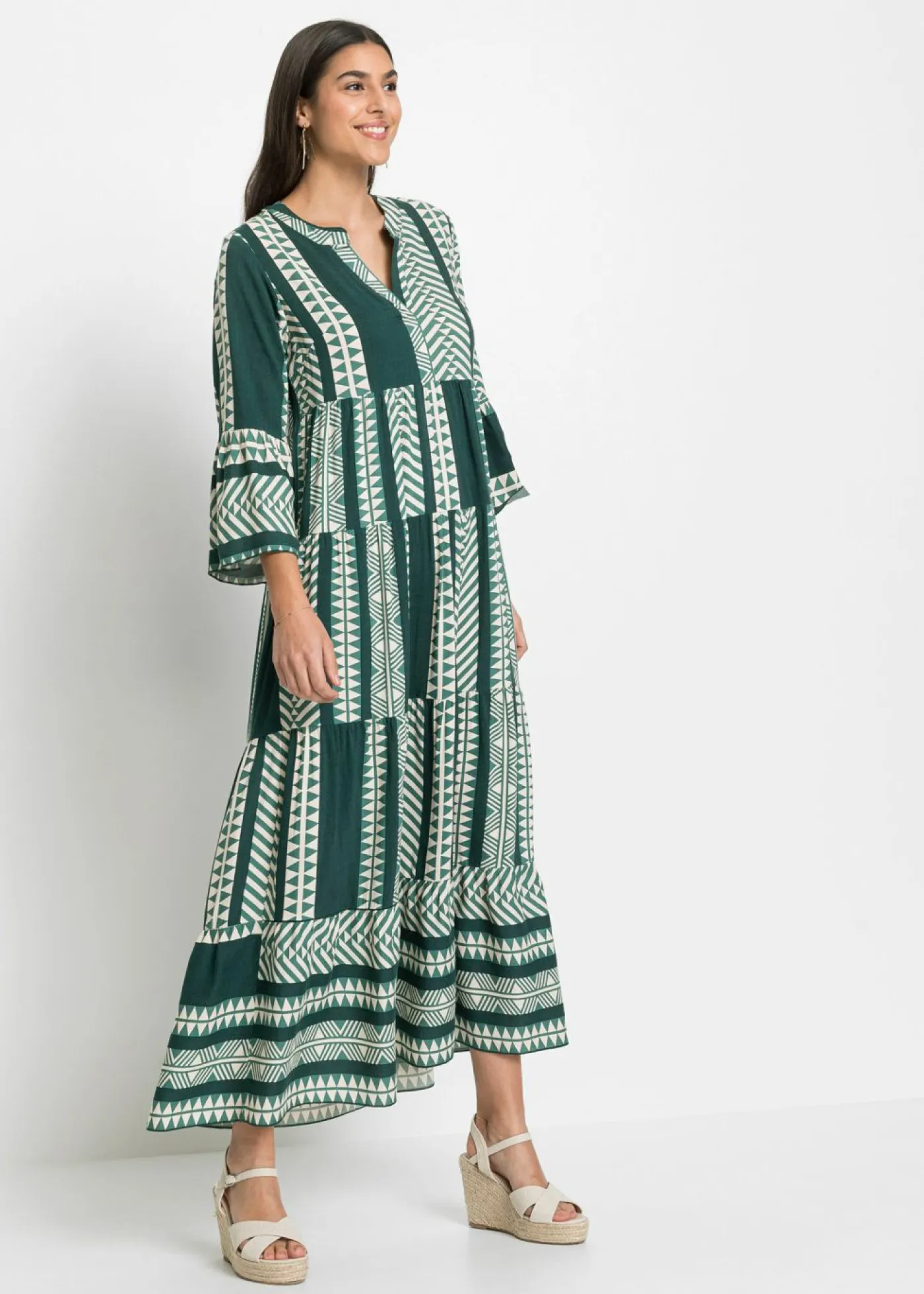 bonprix bonprix Vestidos>Vestido largo de viscosa fluida verde petróleo/beige