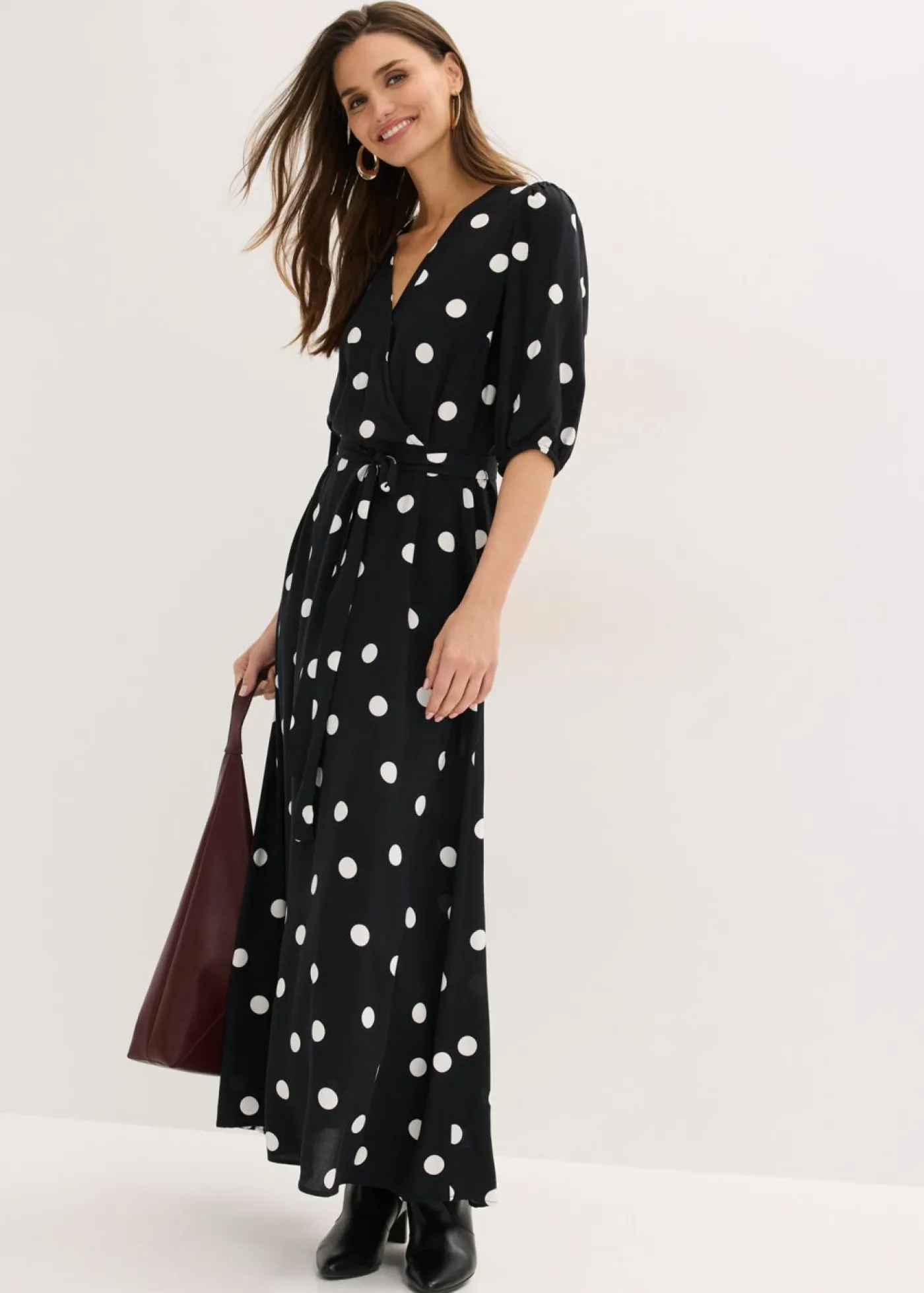 bonprix bonprix Vestidos|Tallas Pequeñas>Vestido largo de viscosa fluida negro - blanco topos