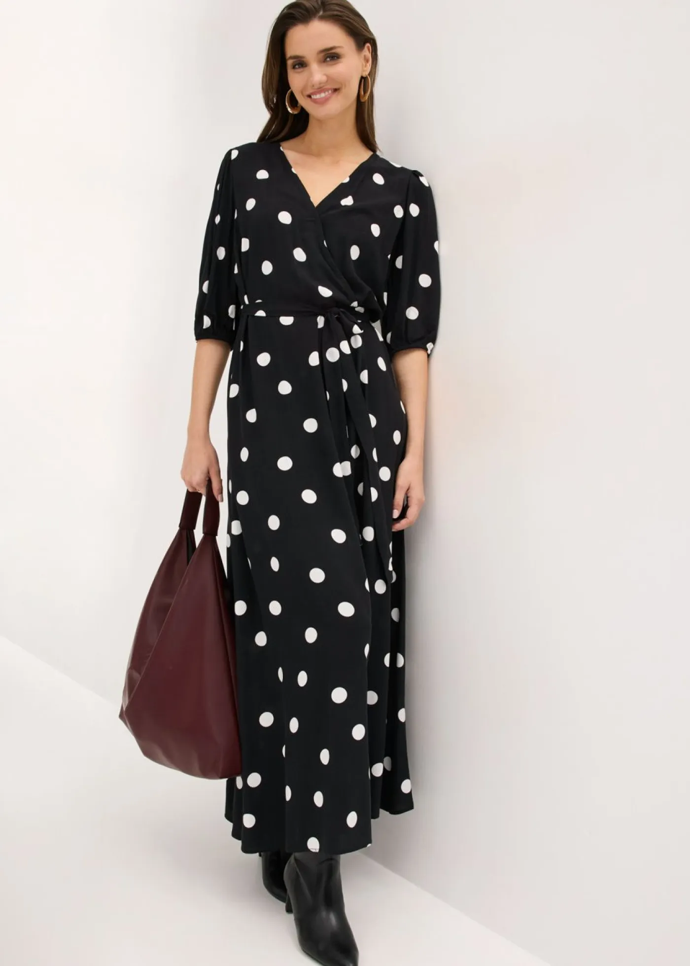 bonprix bonprix Vestidos|Tallas Pequeñas>Vestido largo de viscosa fluida negro - blanco topos