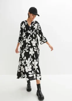 bonprix bonprix Vestidos|Novedades>Vestido largo de viscosa fluida negro-blanco con flores