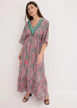 bonprix bonprix Vestidos>Vestido largo estampado de viscosa fluida rosa caliente/turquesa